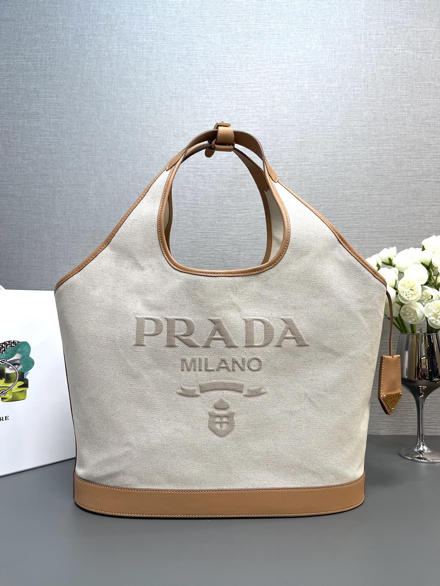 Prada Linen Blend And Leather Large Buckle Bag Tote Natural 1BG472